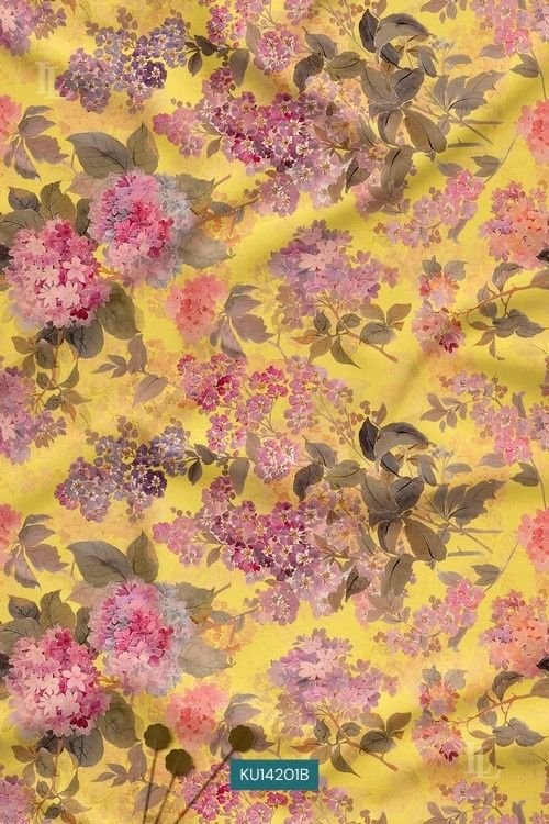 Yellow vintage floral print with pink and lavender blooms