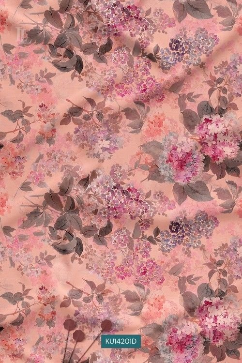 Blush peach watercolor floral print fabric with soft pink and mauve blossoms