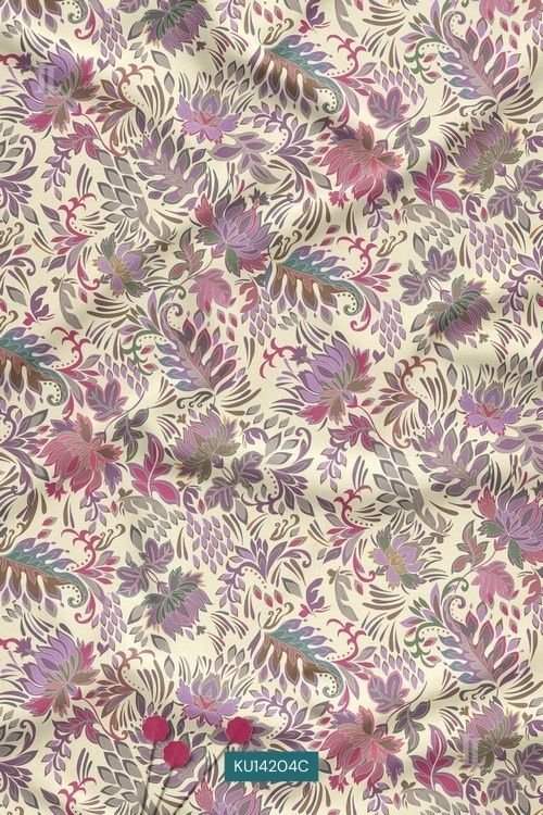Ornate plum and magenta floral print on cream base