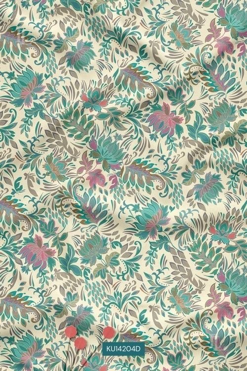 Teal and magenta floral print on a cream base