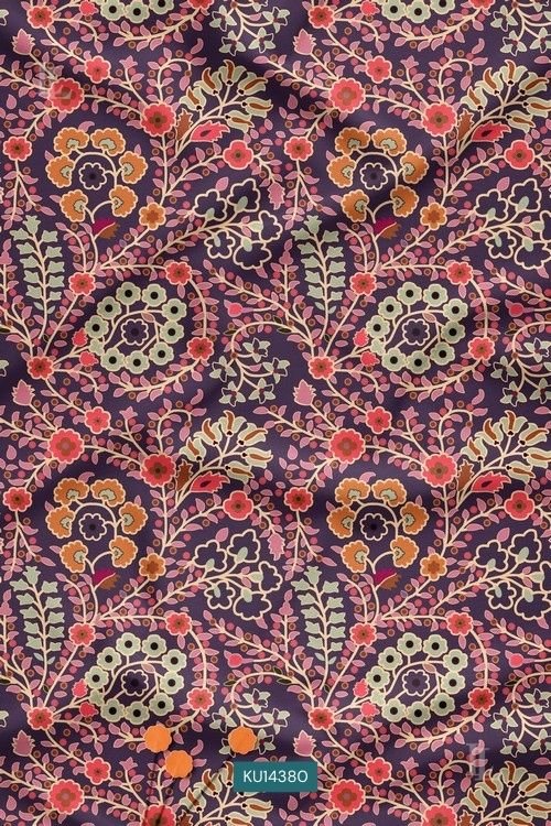 Plum base folk art print with decorative botanical motifs