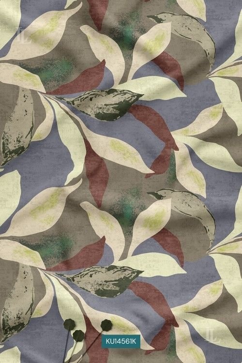 Muted grey base abstract leaf print with earthy botanical tones