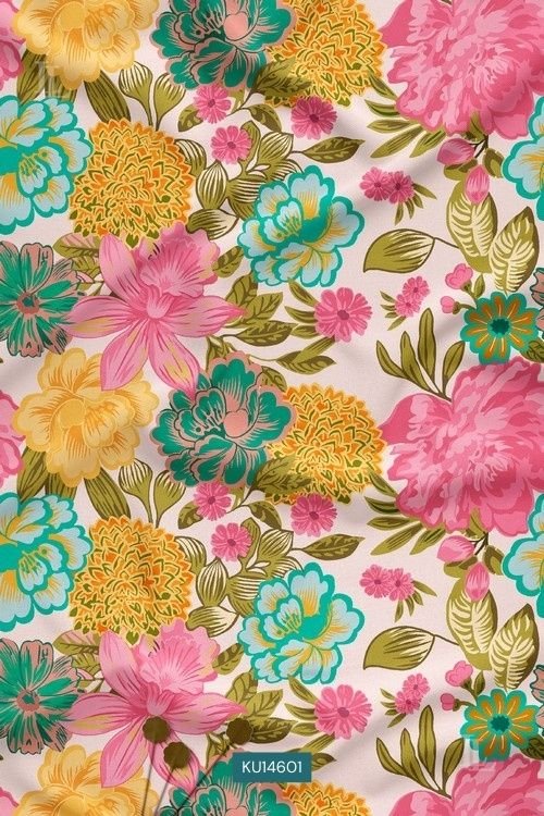 Light base vibrant multicolor garden floral print fabric with bold blossoms