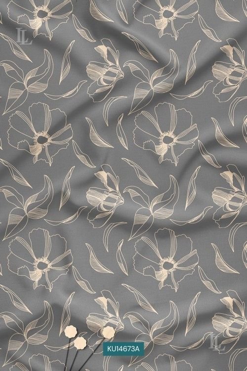 Grey minimal line art floral print with beige botanical outline motifs