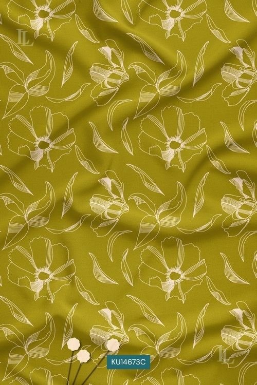 Lime green floral printed fabric with beige minimal line art design