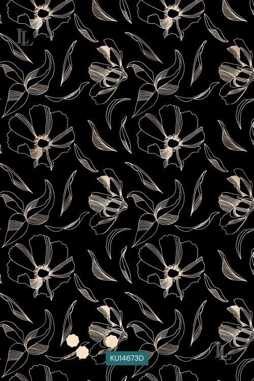 Black floral printed fabric with beige minimal line art design