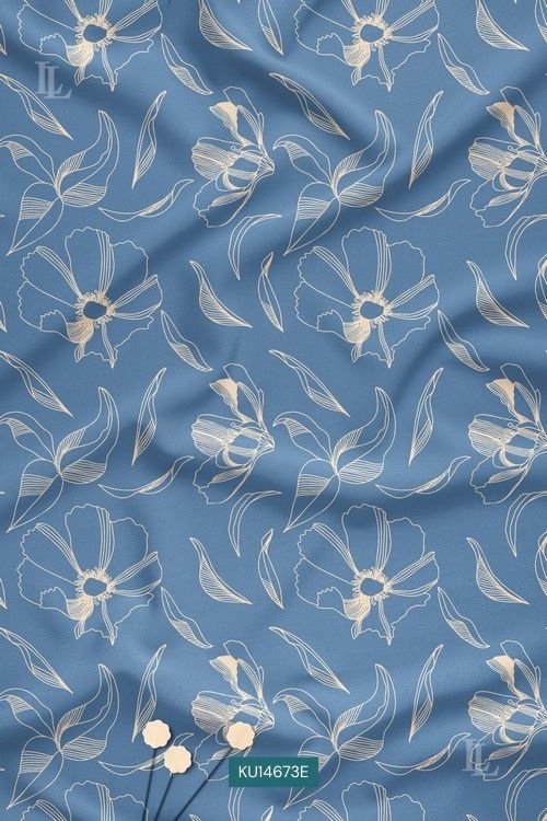 Blue Nova floral printed fabric with beige minimal line art design