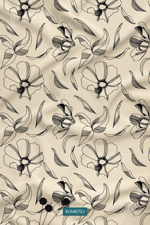 Beige fabric with black botanical floral line art pattern