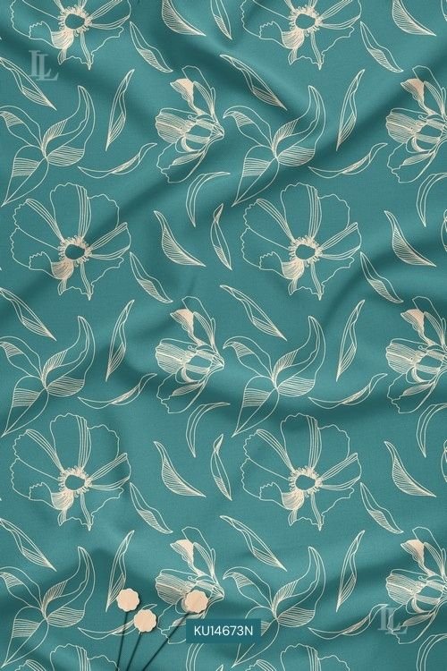 Teal floral line print fabric with botanical detailing
