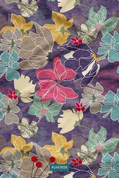 Multicolor abstract floral printed fabric on purple base