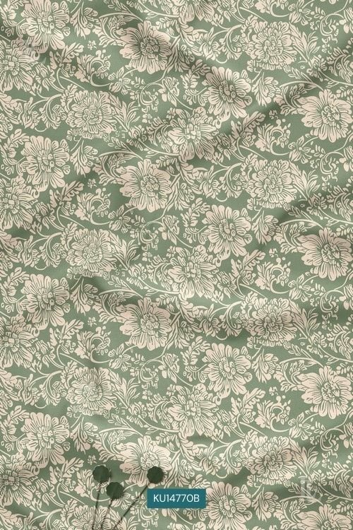 Cream botanical floral print fabric on a soft sage green base