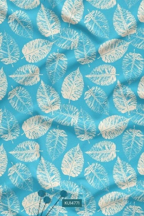 Sky blue fabric with beige leaf print
