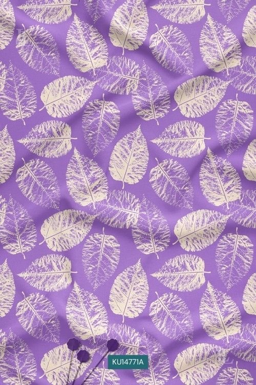 Royal purple fabric with beige botanical leaf print