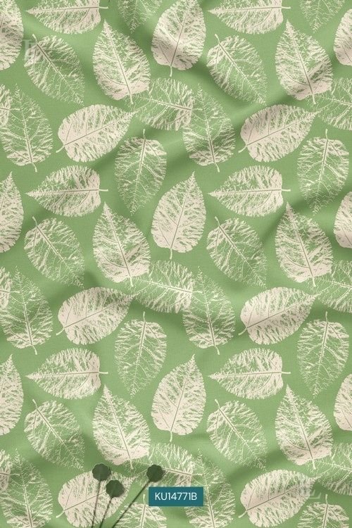 Light green fabric with beige leaf print