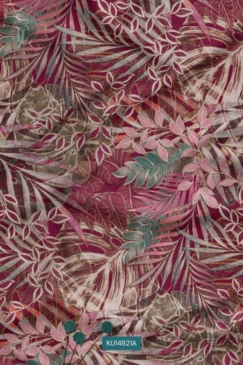 Maroon tropical leaf printed fabric with artistic botanical foliage design
