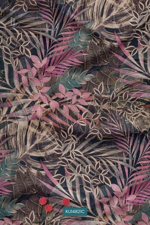 Multicolor tropical leaf printed fabric with vibrant botanical foliage design