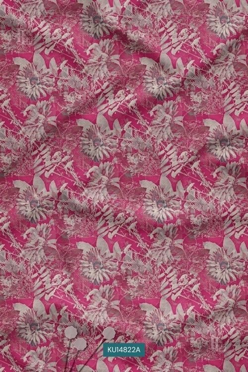 Pink floral botanical print with layered vintage flowers and foliage design