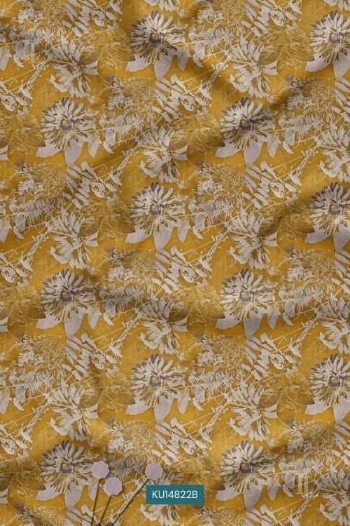 Yellow floral botanical print with layered vintage flowers and foliage design