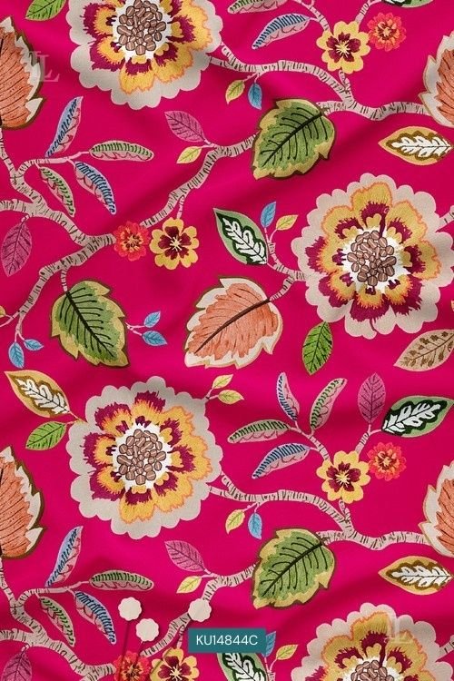 Rani pink with large multicolor floral and leafy botanical print