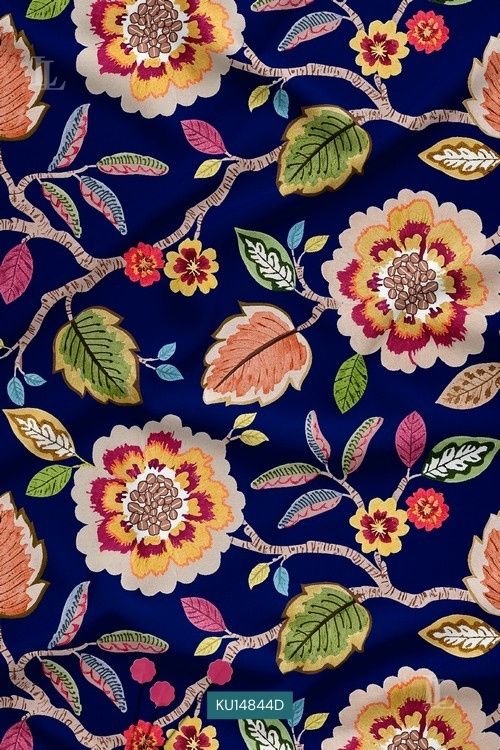 Navy Blue with large multicolor floral and leafy botanical print