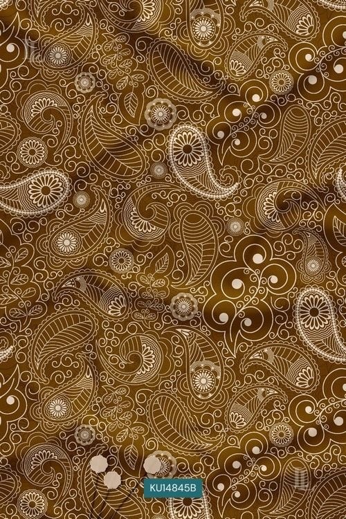 Mustard fabric with intricate cream paisley print pattern