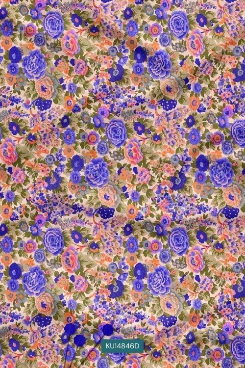 Purple base fabric with vibrant multicolor floral print