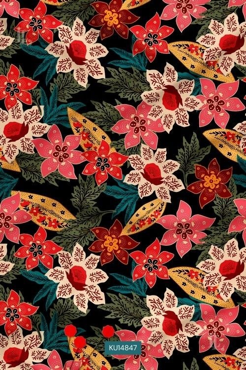 Black base fabric with vibrant red and cream floral print pattern