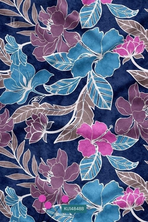 Bold tropical print on a midnight indigo base