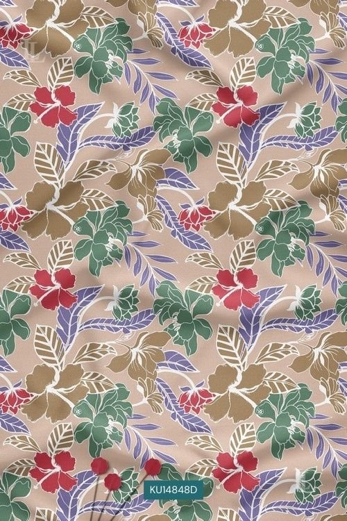 beige tropical hibiscus print fabric with terracotta and forest green floral motifs