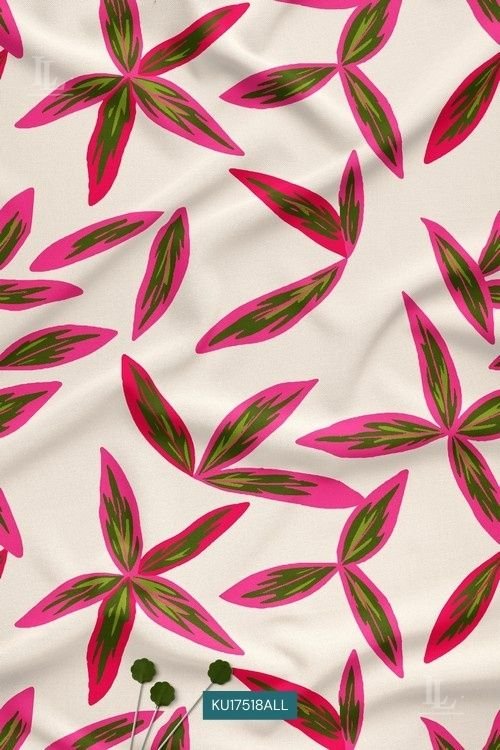 Fuchsia star-shaped leaf print fabric on ivory base