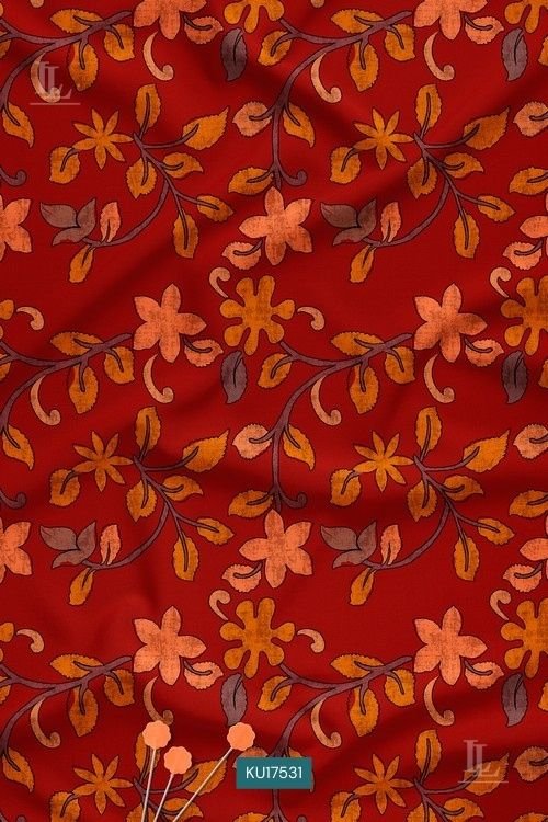 Crimson red floral vine print fabric with warm tones