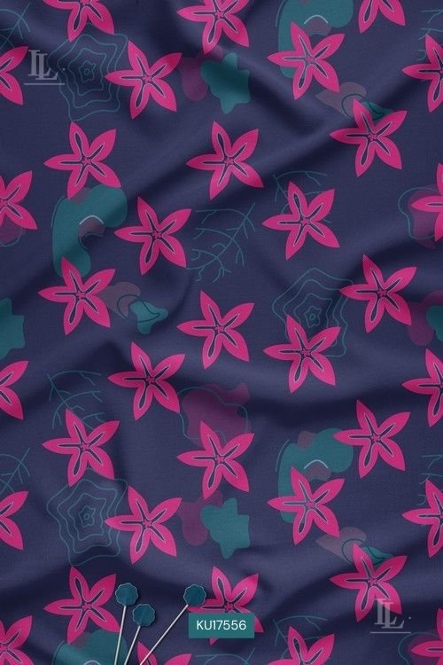 Fuchsia star floral print fabric on navy blue background