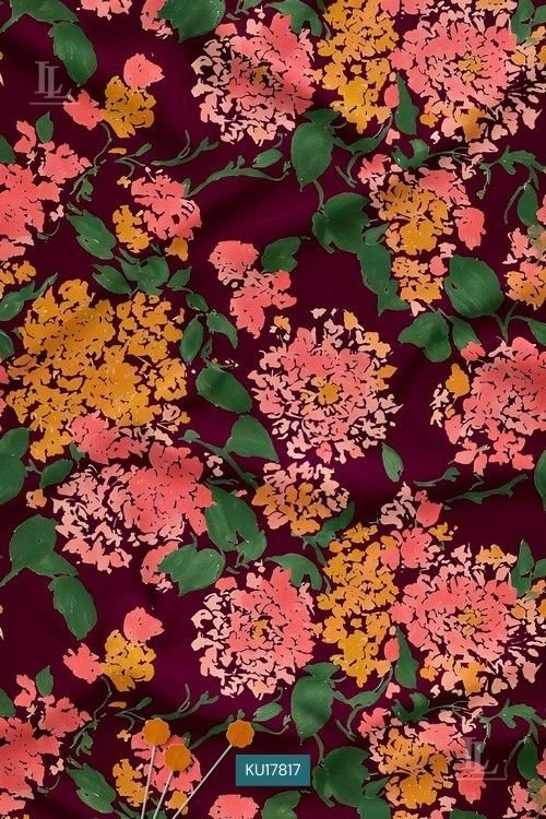 Ruby red floral print fabric with coral and mustard blossoms