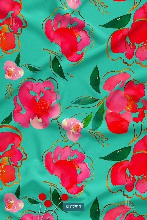 Coral tropical floral print fabric on aqua green background