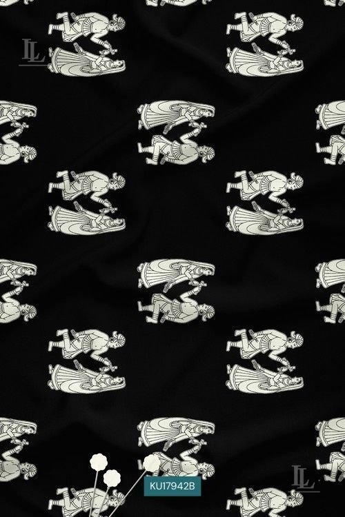 Black tribal folk art print fabric with monochrome human motifs