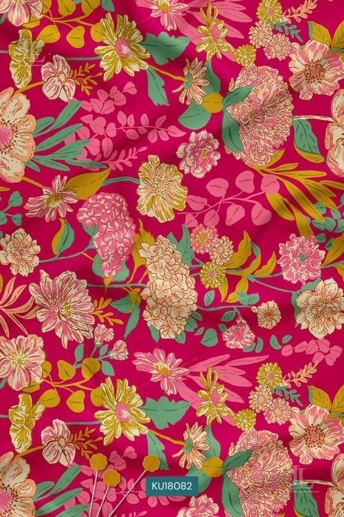 Magenta floral print fabric with dense multi-floral design