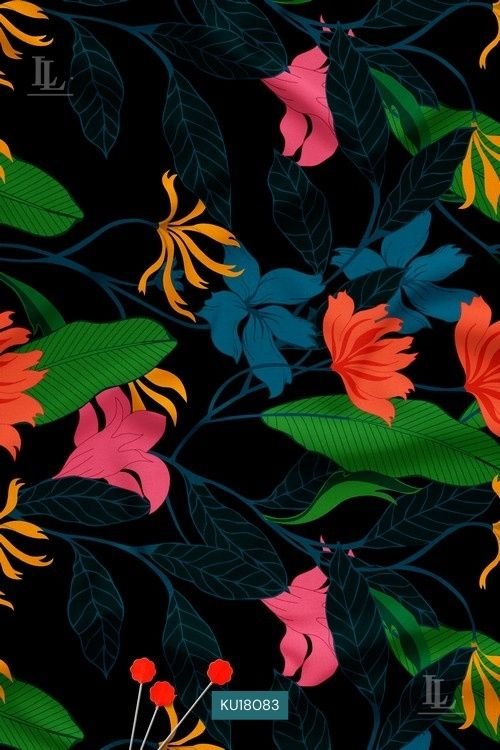 Black tropical floral fabric with vibrant coral and teal flowers