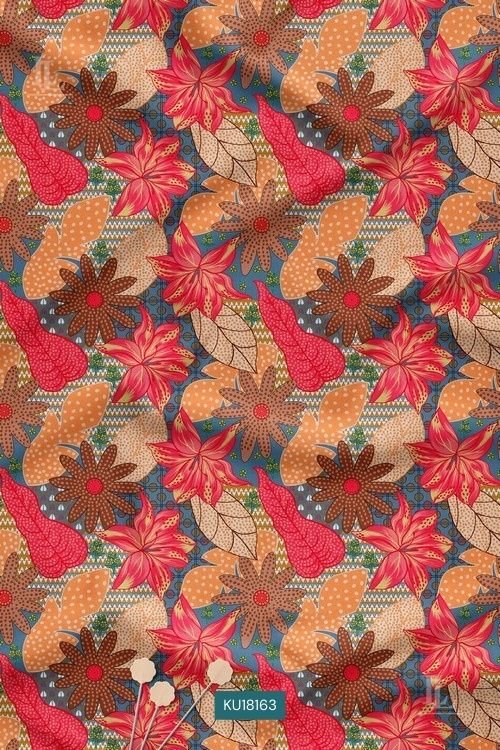 Multicolor autumn floral digital print fabric with rust and coral flowers on blue base