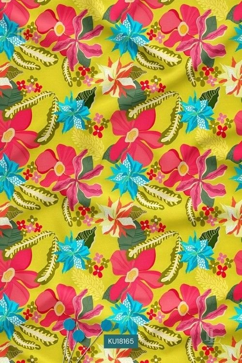 Bright yellow tropical floral print fabric with multicolor flowers and leafy motifs