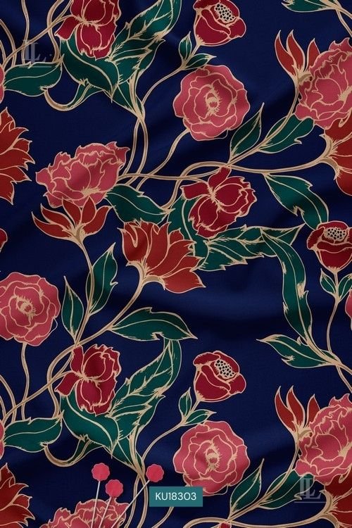 Elegant navy fabric with red rose floral vine digital print pattern