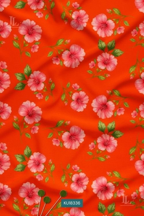 Bright orange fabric with pink hibiscus floral digital print pattern