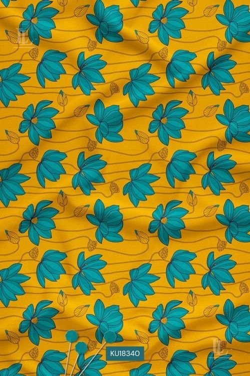 Mustard yellow fabric with teal floral nature motif pattern