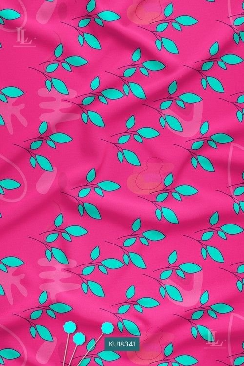Bright pink fabric with teal leaf botanical print pattern for kurti design