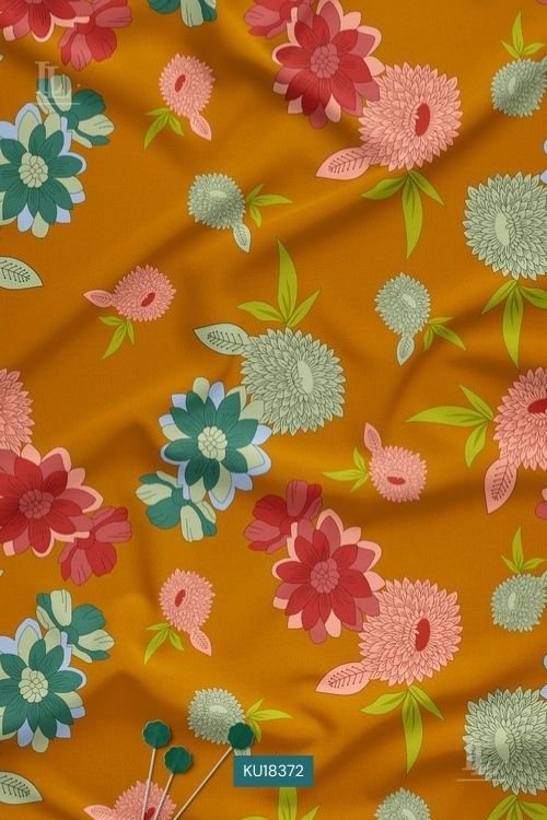 Mustard bold floral folk art printed fabric