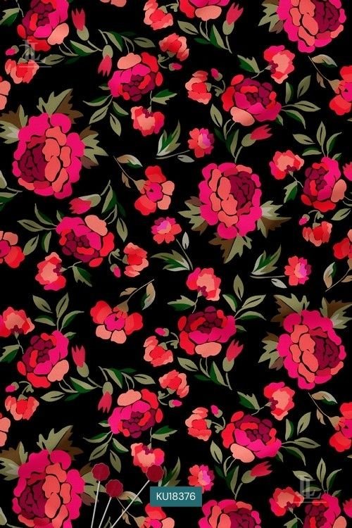Black base bold rose floral printed fabric