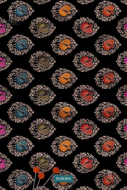 Black fabric with multicolor paisley floral buta print pattern