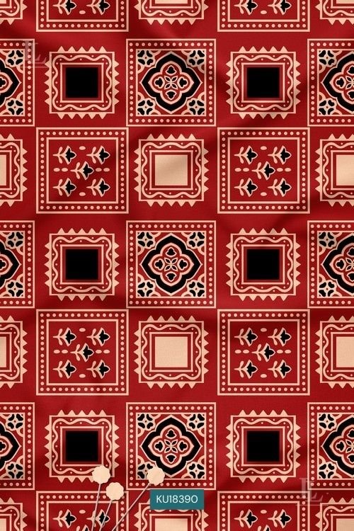 Deep red Ajrakh-inspired geometric digital print fabric with black and cream block patterns