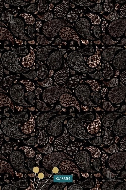 Bronze-toned paisley motifs on a solid black background