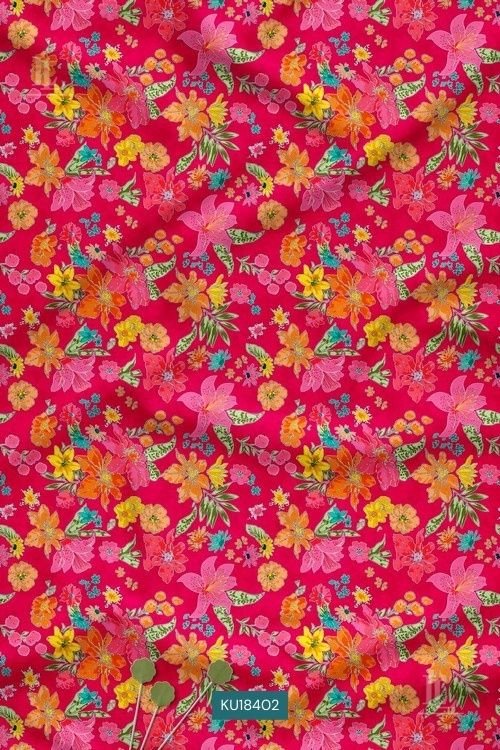 Vibrant yellow and orange lily print on a saturated crimson-pink digital print