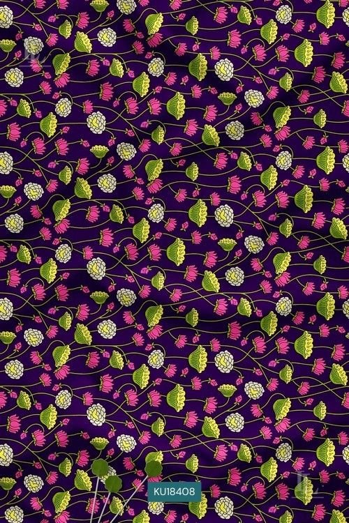 pink and white blossoms on lime green vines over a deep royal purple digital print